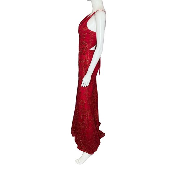 Blondie Nites Juniors' Glitter-Floral V-Neck Gown Red Sz 3 - Picture 4 of 10